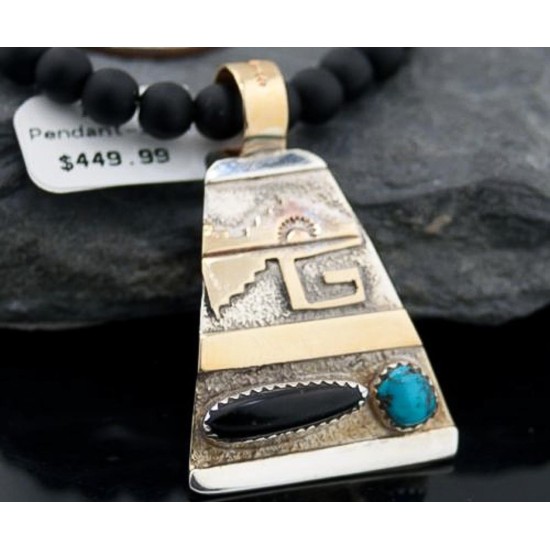 .925 Sterling Silver and 12kt Gold Filled Handmade Certified Authentic Navajo Turquoise and Black Onyx Native American Necklace 370920444490