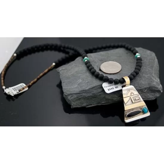 .925 Sterling Silver and 12kt Gold Filled Handmade Certified Authentic Navajo Turquoise and Black Onyx Native American Necklace 370920444490 .925 Sterling Silver and 12kt Gold Filled Handmade Certified Authentic Navajo Turquoise and Black Onyx Native American Necklace 370920444490