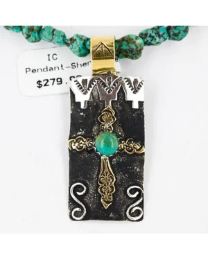 .925 Sterling Silver and 12kt Gold Filled Handmade CROSS Certified Authentic Navajo Turquoise Native American Necklace 370994193007