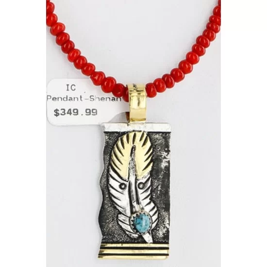 .925 Sterling Silver and 12kt Gold Filled HANDMADE Feather Certified Authentic Navajo Turquoise and Coral Native American Necklace 371102900292