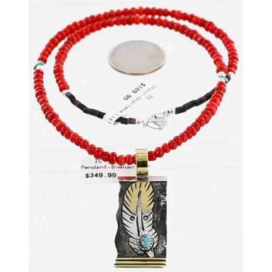 .925 Sterling Silver and 12kt Gold Filled HANDMADE Feather Certified Authentic Navajo Turquoise and Coral Native American Necklace 371102900292