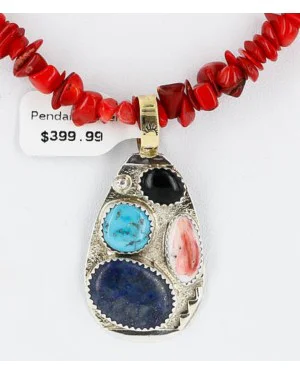 .925 sterling Silver and 12kt Gold Filled HANDMADE MULTI COLOR Certified Authentic Navajo Turquoise, Spiny Oyster, Coral and Onyx Native American Necklace 390890146219