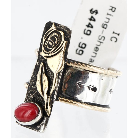 .925 Sterling Silver and 12kt Gold Filled Handmade ROSE ARROW Certified Authentic Navajo CORAL Native American Ring  371014416628