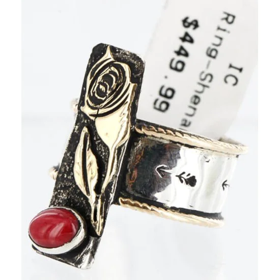 .925 Sterling Silver and 12kt Gold Filled Handmade ROSE ARROW Certified Authentic Navajo CORAL Native American Ring  371014416628