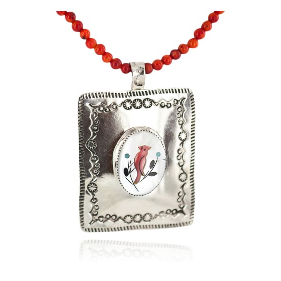 .925 Sterling Silver and Nickel Inlaid Bird Handmade Certified Authentic Navajo Natural Turquoise Coral Mother of Pearl Native American Necklace  94004-2-95001