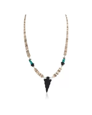 .925 Sterling Silver Arrow Certified Authentic Navajo Natural Turquoise Black Onyx Graduated Melon Shell Native American Necklace 750237-4