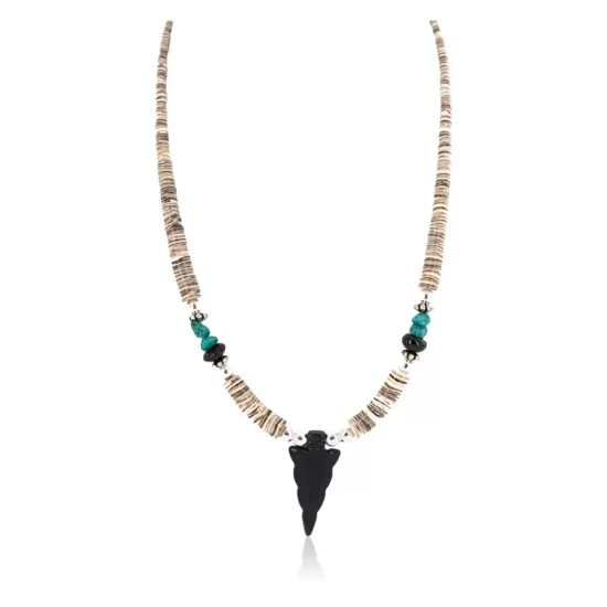 .925 Sterling Silver Arrow Certified Authentic Navajo Natural Turquoise Black Onyx Graduated Melon Shell Native American Necklace 750237-4 .925 Sterling Silver Arrow Certified Authentic Navajo Natural Turquoise Black Onyx Graduated Melon Shell Native American Necklace 750237-4