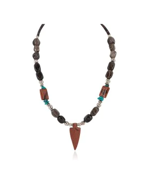 .925 Sterling Silver Arrow Certified Authentic Navajo Natural Turquoise Goldstone Smoky Quartz Native American Necklace 18276-2