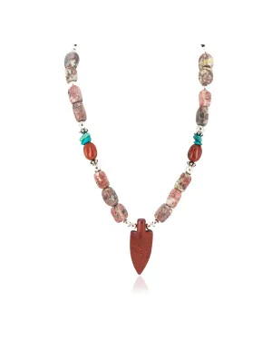.925 Sterling Silver Arrow Certified Authentic Navajo Natural Turquoise Red Jasper Charoite Native American Necklace 750241-1