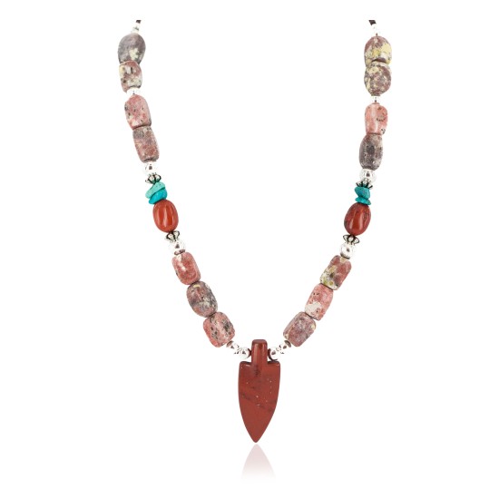 .925 Sterling Silver Arrow Certified Authentic Navajo Natural Turquoise Red Jasper Charoite Native American Necklace 750241-1