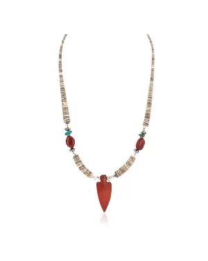 .925 Sterling Silver Arrow Certified Authentic Navajo Natural Turquoise Red Jasper Graduated Melon Shell Native American Necklace 750237-5