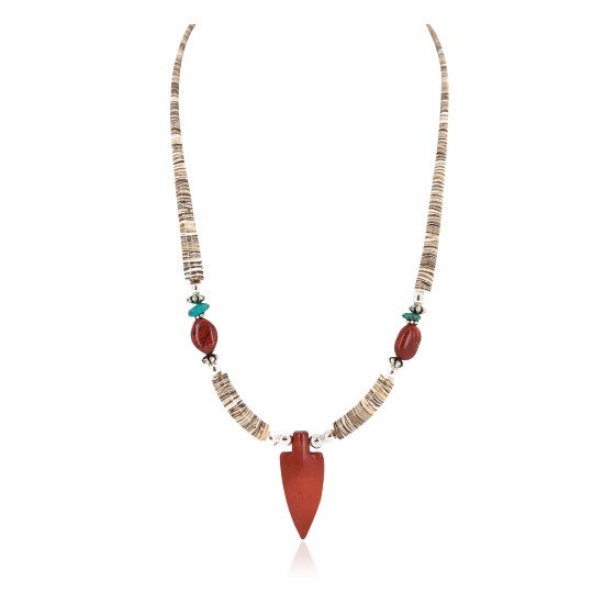 .925 Sterling Silver Arrow Certified Authentic Navajo Natural Turquoise Red Jasper Graduated Melon Shell Native American Necklace 750237-5 All Products NB160521194932 750237-5 (by LomaSiiva)