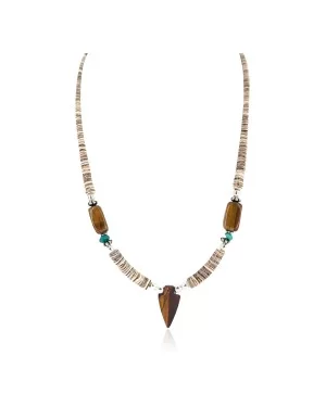 .925 Sterling Silver Arrow Certified Authentic Navajo Natural Turquoise Tigers Eye Graduated Melon Shell Native American Necklace 750237-2