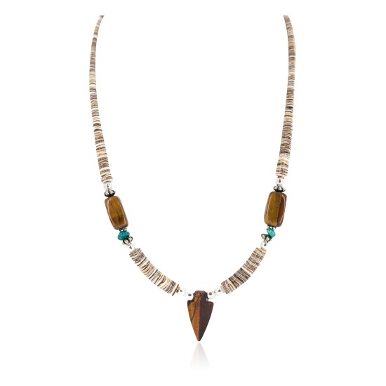 .925 Sterling Silver Arrow Certified Authentic Navajo Natural Turquoise Tigers Eye Graduated Melon Shell Native American Necklace 750237-2