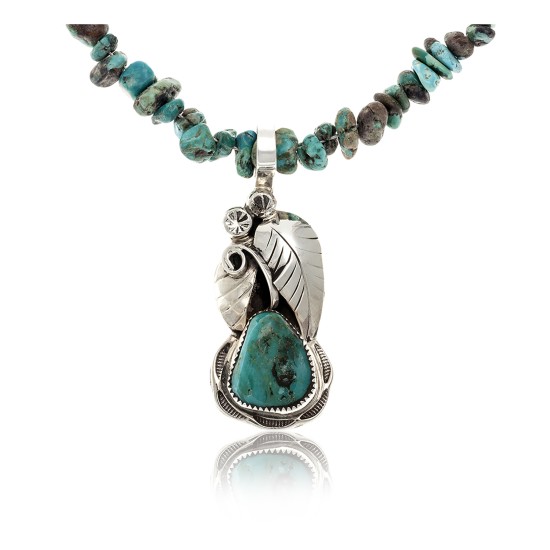.925 Sterling Silver Certified Authentic Handmade Navajo Native American Natural Turquoise Necklace & Pendant 12551-29-15786