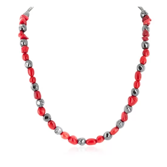 .925 Sterling Silver Certified Authentic Navajo Coral Natural Hematite Native American Necklace 25326 .925 Sterling Silver Certified Authentic Navajo Coral Natural Hematite Native American Necklace 25326