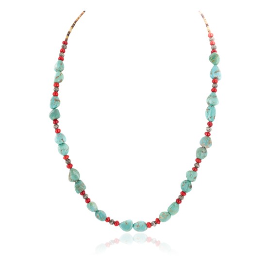 .925 Sterling Silver Certified Authentic Navajo Coral Natural Turquoise Native American Necklace 1579-14 .925 Sterling Silver Certified Authentic Navajo Coral Natural Turquoise Native American Necklace 1579-14