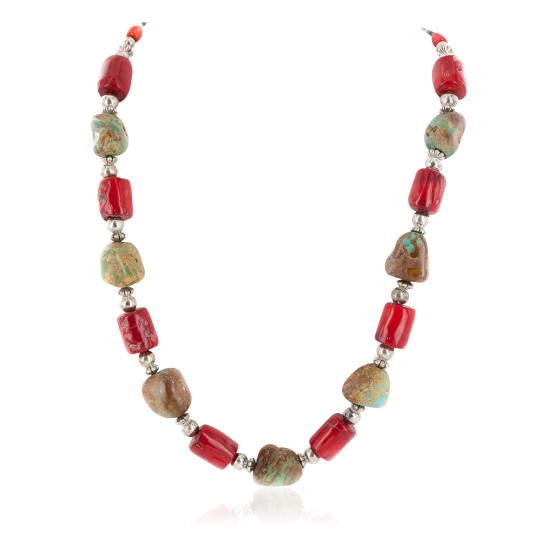 .925 Sterling Silver Certified Authentic Navajo Coral Natural Turquoise Native American Necklace 17076