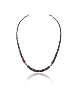 .925 Sterling Silver Certified Authentic Navajo Native American Natural Turquoise Graduated Heishi Necklace 25496