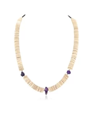 .925 Sterling Silver Certified Authentic Navajo Natural Amethyst Graduated Melon Shell Native American Necklace 750244