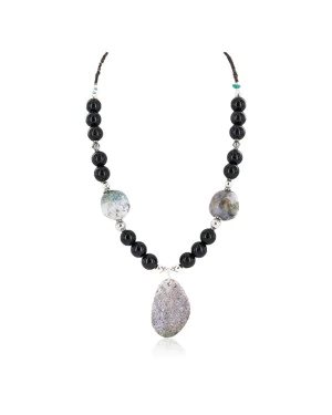 .925 Sterling Silver Certified Authentic Navajo Natural Black Onyx Jasper Native American Necklace 24512-8