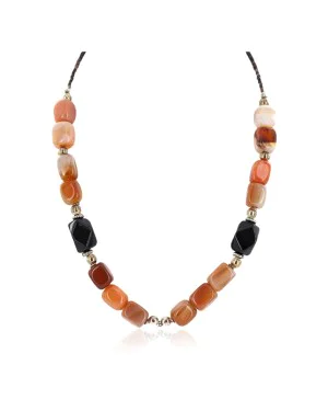 .925 Sterling Silver Certified Authentic Navajo Natural Carnelian Black Onyx Native American Necklace 750247