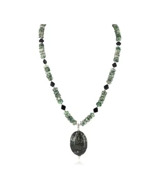 .925 Sterling Silver Certified Authentic Navajo Natural Green Jasper Black Onyx Native American Necklace 25339-3