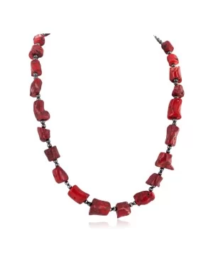 .925 Sterling Silver Certified Authentic Navajo Natural Hematite Coral Native American Necklace 750232-5