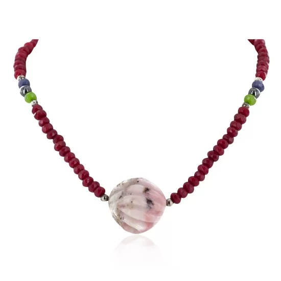 .925 Sterling Silver Certified Authentic Navajo Natural Ruby Opalite Sapphire Jade Hematite Native American Necklace 15768 .925 Sterling Silver Certified Authentic Navajo Natural Ruby Opalite Sapphire Jade Hematite Native American Necklace 15768