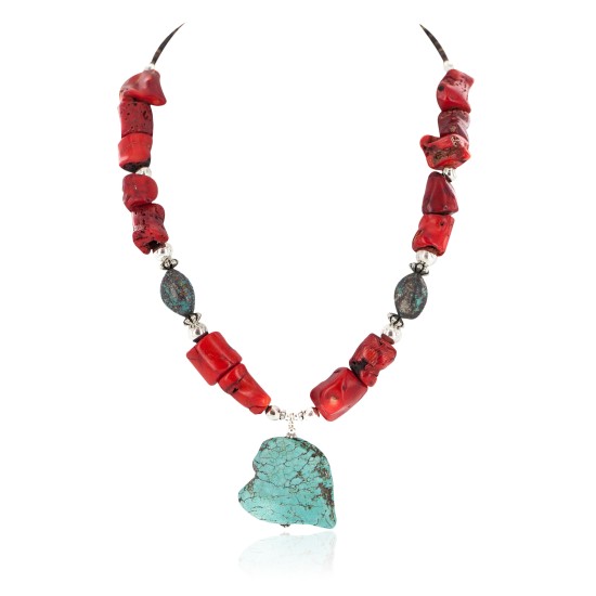 .925 Sterling Silver Certified Authentic Navajo Natural Spiderweb Turquoise Coral Native American Necklace 24511-2