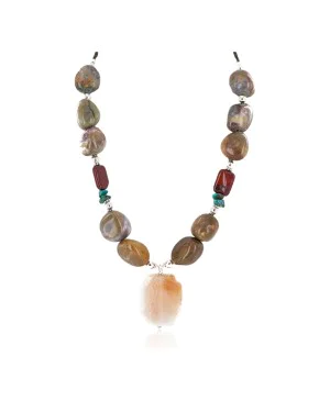 .925 Sterling Silver Certified Authentic Navajo Natural Turquoise Agate Jasper Native American Necklace 24514-3