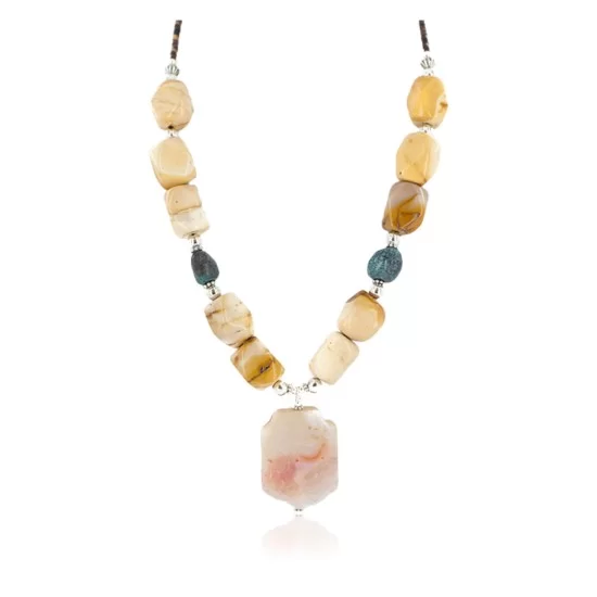 .925 Sterling Silver Certified Authentic Navajo Natural Turquoise Agate Jasper Native American Necklace 750246-1