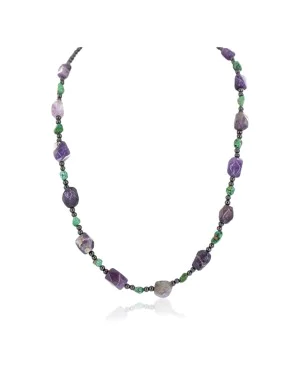.925 Sterling Silver Certified Authentic Navajo Natural Turquoise Amethyst Hematite Native American Necklace 24511-8