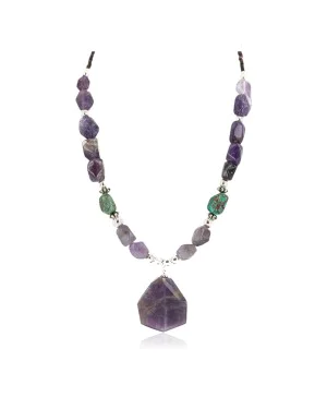 .925 Sterling Silver Certified Authentic Navajo Natural Turquoise Amethyst Native American Necklace 25342-3