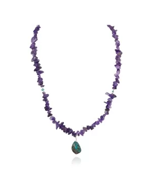 .925 Sterling Silver Certified Authentic Navajo Natural Turquoise Amethyst Native American Necklace 750225-1