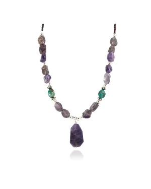 .925 Sterling Silver Certified Authentic Navajo Natural Turquoise Amethyst Native American Necklace 750230-2
