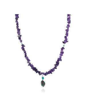 .925 Sterling Silver Certified Authentic Navajo Natural Turquoise Amethyst Native American Necklace  750232-1