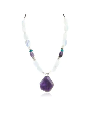 .925 Sterling Silver Certified Authentic Navajo Natural Turquoise Amethyst Opalite Native American Necklace 750240-3