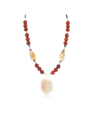 .925 Sterling Silver Certified Authentic Navajo Natural Turquoise Carnelian Agate Native American Necklace 750239-9