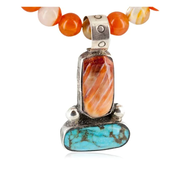 .925 Sterling Silver Certified Authentic Navajo Natural Turquoise Carnelian and Spiny Oyster Native American Necklace 14164-1-15338 .925 Sterling Silver Certified Authentic Navajo Natural Turquoise Carnelian and Spiny Oyster Native American Necklace 14164-1-15338