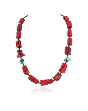 .925 Sterling Silver Certified Authentic Navajo Natural Turquoise Coral Hematite Native American Necklace 24511-1