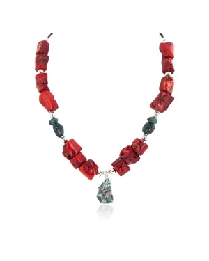 .925 Sterling Silver Certified Authentic Navajo Natural Turquoise Coral Native American Necklace 24514-8