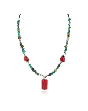 .925 Sterling Silver Certified Authentic Navajo Natural Turquoise Coral Native American Necklace 750225-2