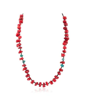 .925 Sterling Silver Certified Authentic Navajo Natural Turquoise Coral Native American Necklace 750232-4