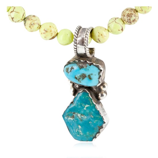 .925 Sterling Silver Certified Authentic Navajo Natural Turquoise Gaspeite Native American Necklace 14297-11-1570