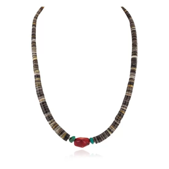 .925 Sterling Silver Certified Authentic Navajo Natural Turquoise Graduated Heishi Coral Native American Necklace 95004-10 .925 Sterling Silver Certified Authentic Navajo Natural Turquoise Graduated Heishi Coral Native American Necklace 95004-10