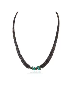 .925 Sterling Silver Certified Authentic Navajo Natural Turquoise Graduated Heishi Native American Necklace 750237-1