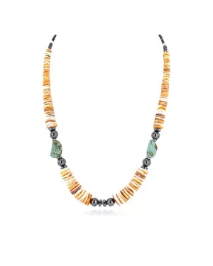 .925 Sterling Silver Certified Authentic Navajo Natural Turquoise Graduated Melon Shell Hematite Native American Necklace 24511-7