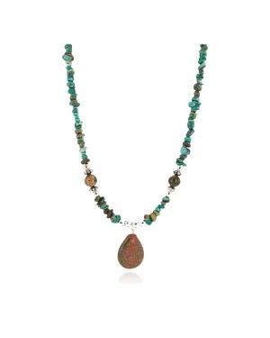 .925 Sterling Silver Certified Authentic Navajo Natural Turquoise Green Jasper Native American Necklace 750224-4