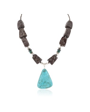 .925 Sterling Silver Certified Authentic Navajo Natural Turquoise Hematite Jasper Native American Necklace 25338-7